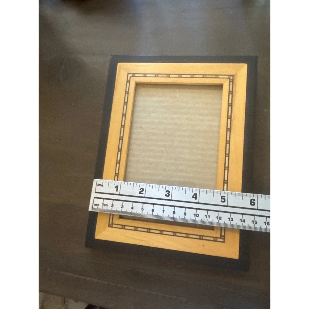 Vintage Wood Inlay Picture Frame Black Tan Geometric Marquetry 4x6 Tabletop Wall